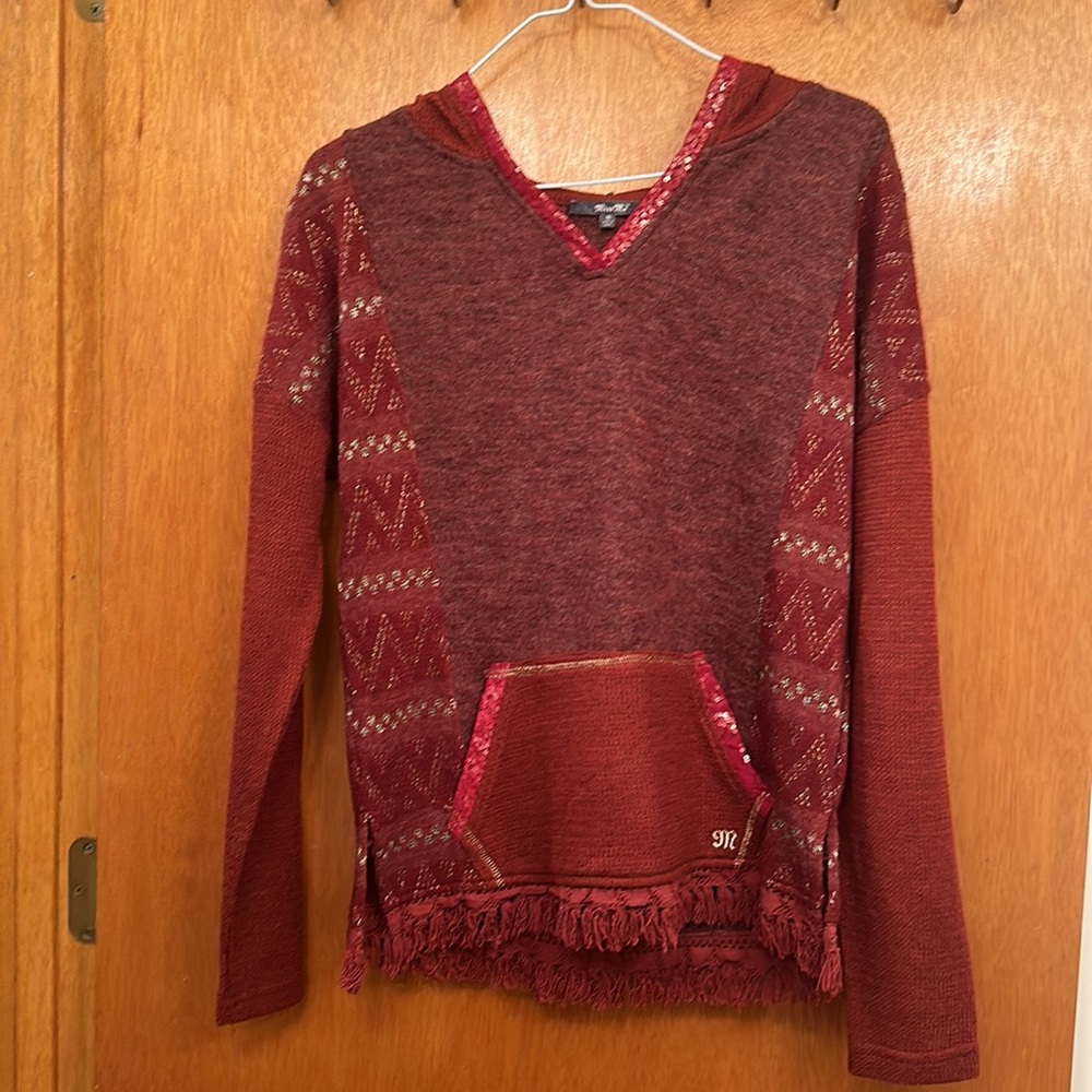 Miss Me Hooded Knit top with fringe, gold details and sequins